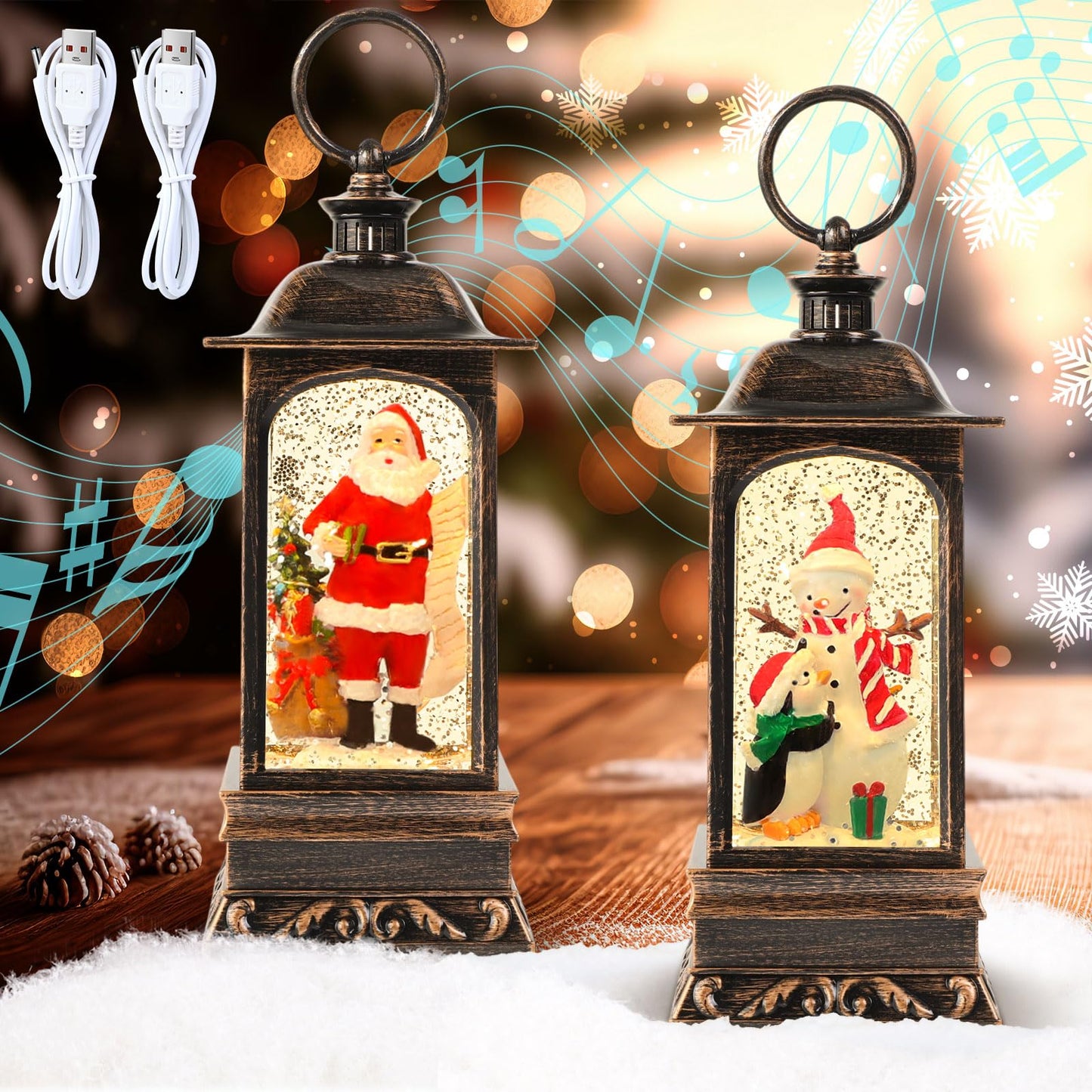 Retisee 2 Pcs Christmas Snow Globe Lanterns, Lighted Musical Snow Globe USB or Battery Powered Glitter Lantern with Music for Christmas Holiday Home Decorations Indoor, 7.9 Inch
