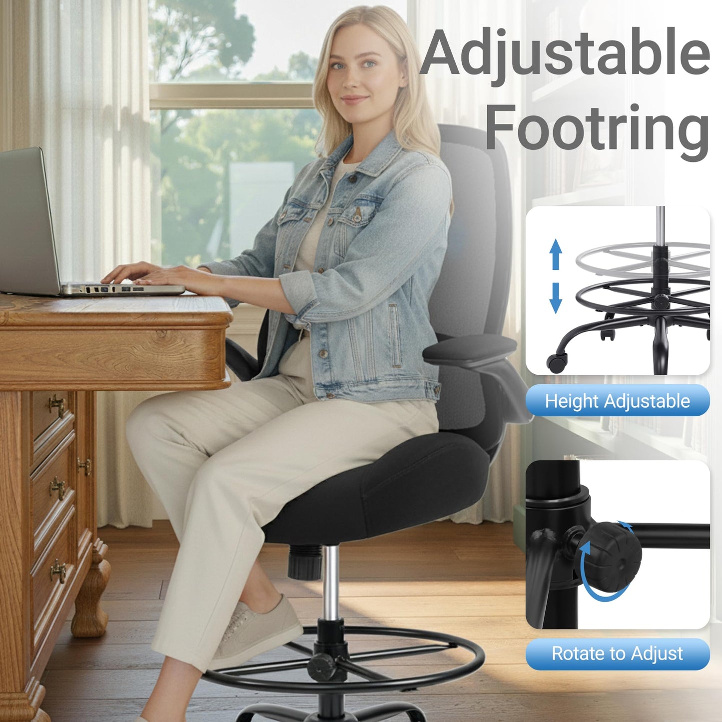 HYLONE Drafting Chair Tall Office Chair with Flip-Up and Adjustable Armrests Ergonomic Computer Chair with Adjustable Footrest Ring Mesh Standing Desk Chair (Black)