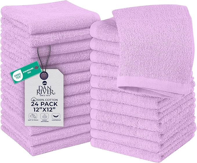 DAN RIVER 24 Pack Wash Cloths for Showering [12x12] - 100% Cotton Washcloths Premium Quality Flannel Face Cloths for Bathroom, Highly Absorbent and Soft Feel Wash Clothes, Lavendar