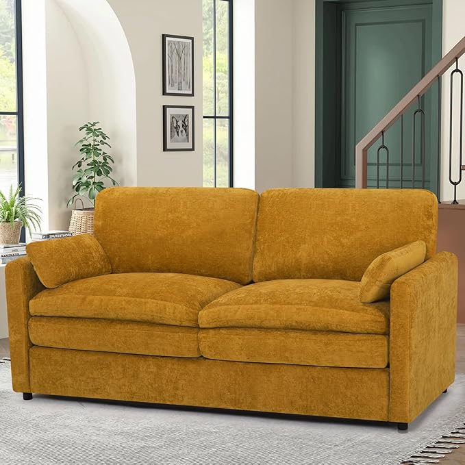 ACMEASE 69” Chenille Loveseat Sofa w/Arm Pillows, Upholstered 2-Seater Sofa w/Comfortable Back Cushions, Modern 2 Seats Couch w/High-Density Foam for Living Room, Apartment, Office, Yellow