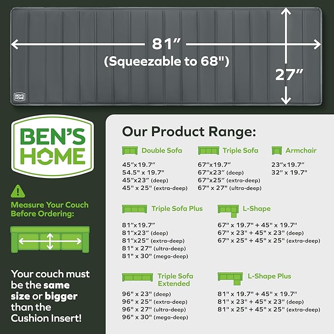 BEN'SHOME Heavy Duty Couch Cushion Support Board – Instantly Repair Sagging Deep Sofa Seat | 27" x 68"-81" | .5" Furniture Grade Wood Under Cushions Insert, Anti-Slip, Extend Sofas & Couches Life