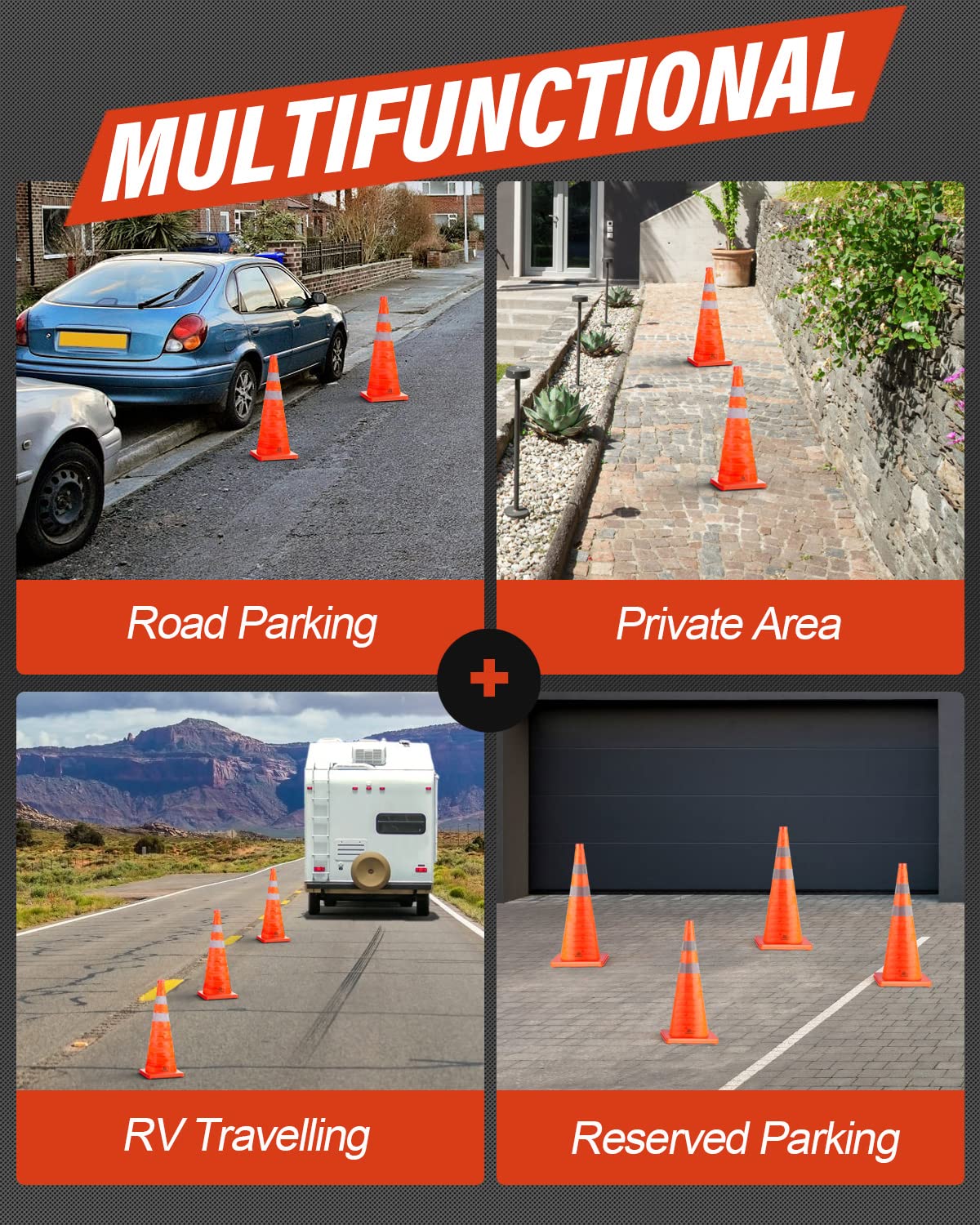 RoadHero 28 Inch 4 Pack Collapsible Traffic Safety Cones, Multi Purpose Pop-up Cones with Reflective Collar for Road Safety, Orange Cones for Driving Training, Parking Lots