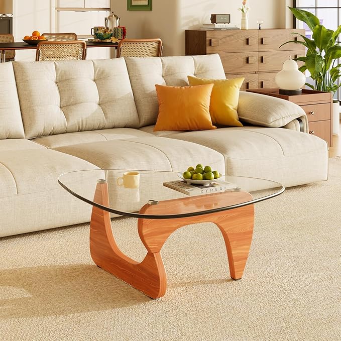 LUCKIIA Coffee Tables Glass Small Farmhouse Coffee Table Mid-Century Modern Wood Center Table for Living Room, Walnut Transparent, 32 Inch
