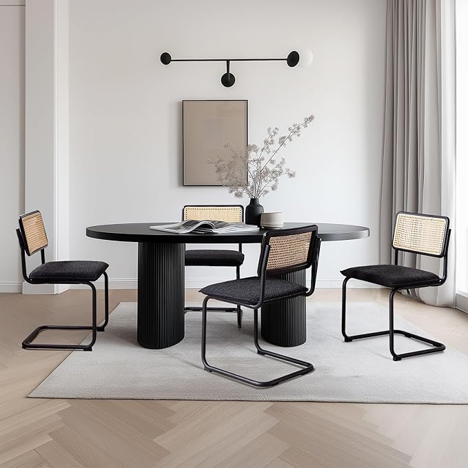 Zesthouse Rattan Dining Chairs Set of 6, Mid Century Modern Dining Chairs with Natural Cane Mesh & Matte Black Base, Black Cesca Chair Boucle Fabric, Farmhouse Kitchen Chair with Solid Wood Frame Back