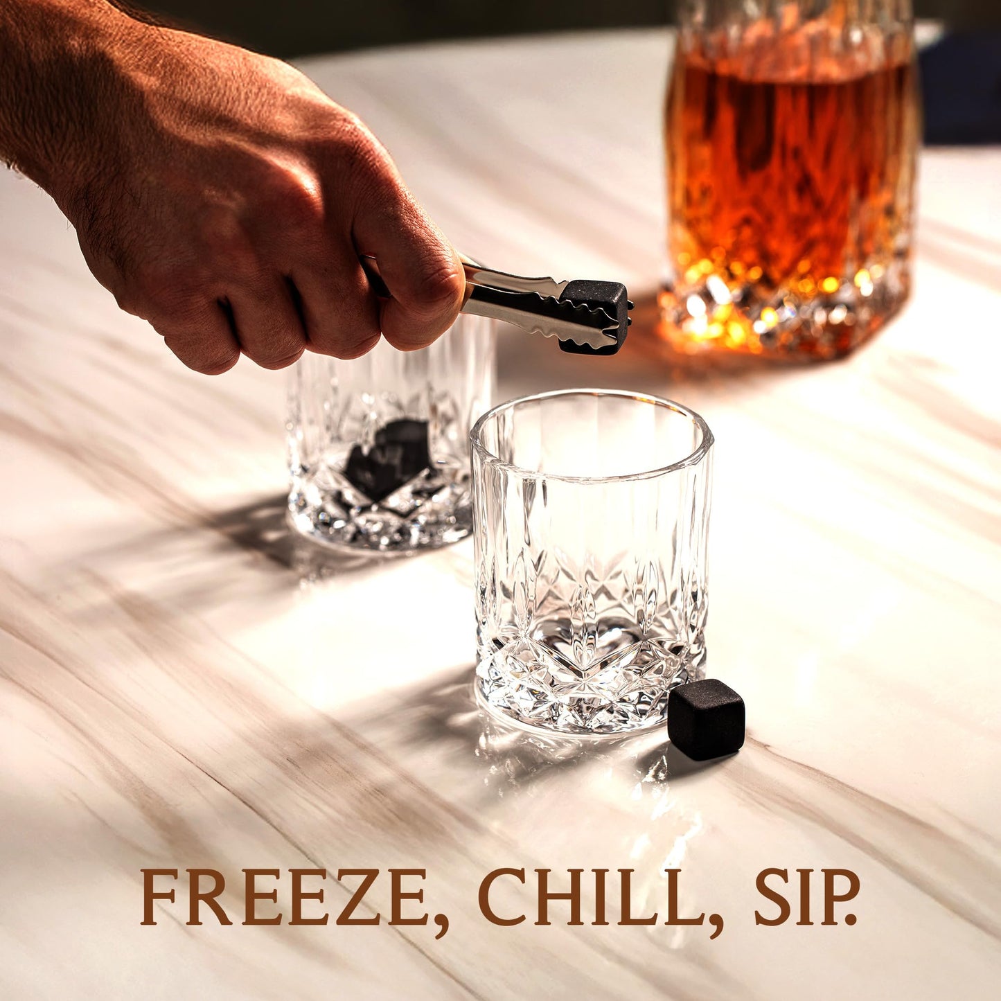 MIXOLOGY & CRAFT Whiskey Decanter Gift Set – 10oz Crystal Whiskey Glasses, Wood Stand & 6 Granite Whiskey Stones – Premium Rocks Glasses Barware Gift for Any Occasion