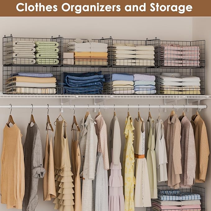 4-Tier Stackable Closet Organizers and Storage Shelves, Clothes Shelf Organizer Basket Bins, Foldable Sweater Storage for Closet Organizer System, Black (Patent Pending)