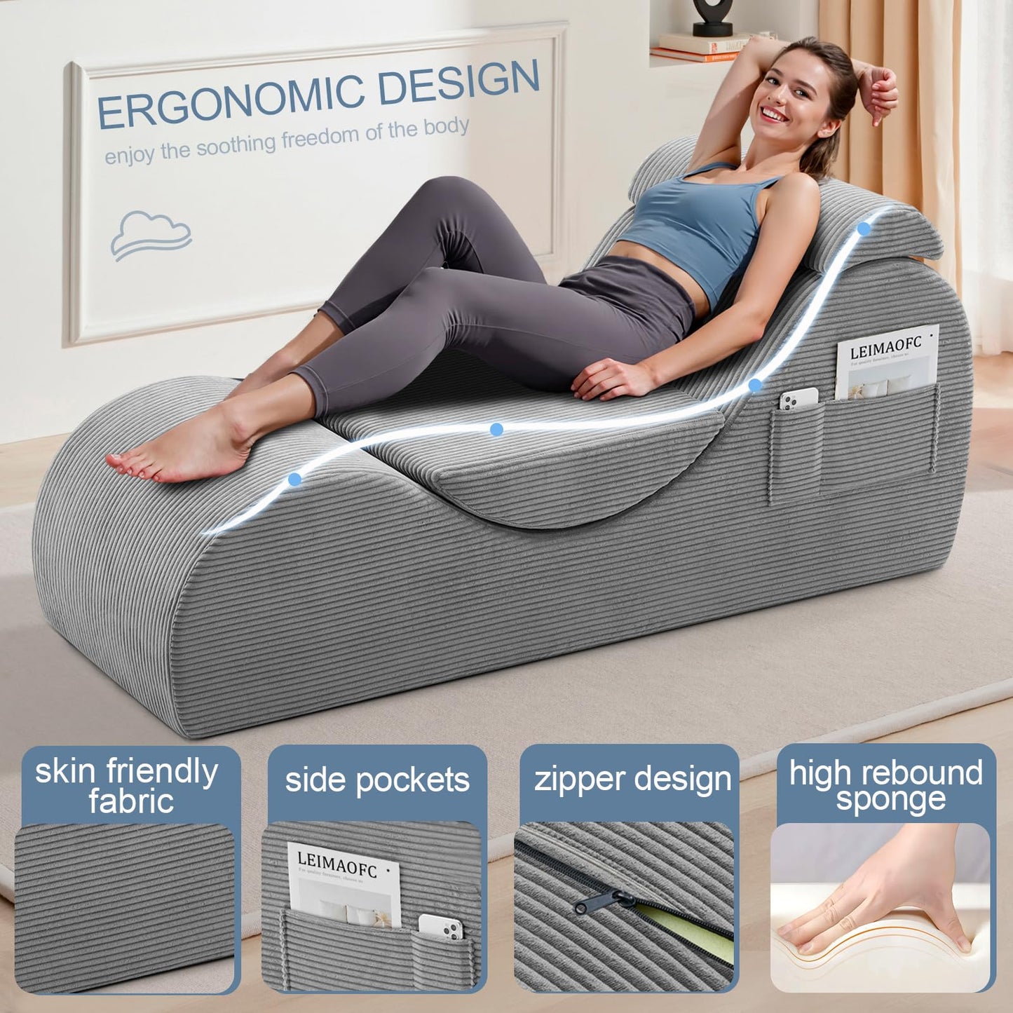 Yoga Chair Lounge for Adult, Ergonomic Chaise Lounge Chair with Side Pocket, Headrest, Waist Pad, Perfect for Stretching, Massage, and Relaxation, Used in Living Room, Bedroom（Grey）