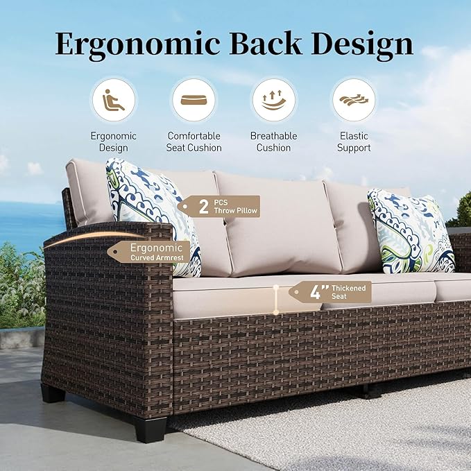 SUNSHINE VALLEY Patio Furniture Set Outdoor Furniture Brown Wicker Rattan Patio Conversation Sets with Cushion Outside Sofa Set,8 Pieces 12 Seats,Beige
