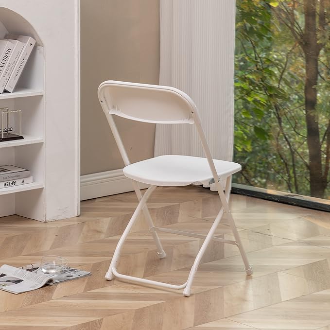 BTEXPERT White Plastic Folding Chair Steel Frame Commercial High Capacity Event Chair Lightweight Set for Office Wedding Party Picnic Kitchen Dining Church School
