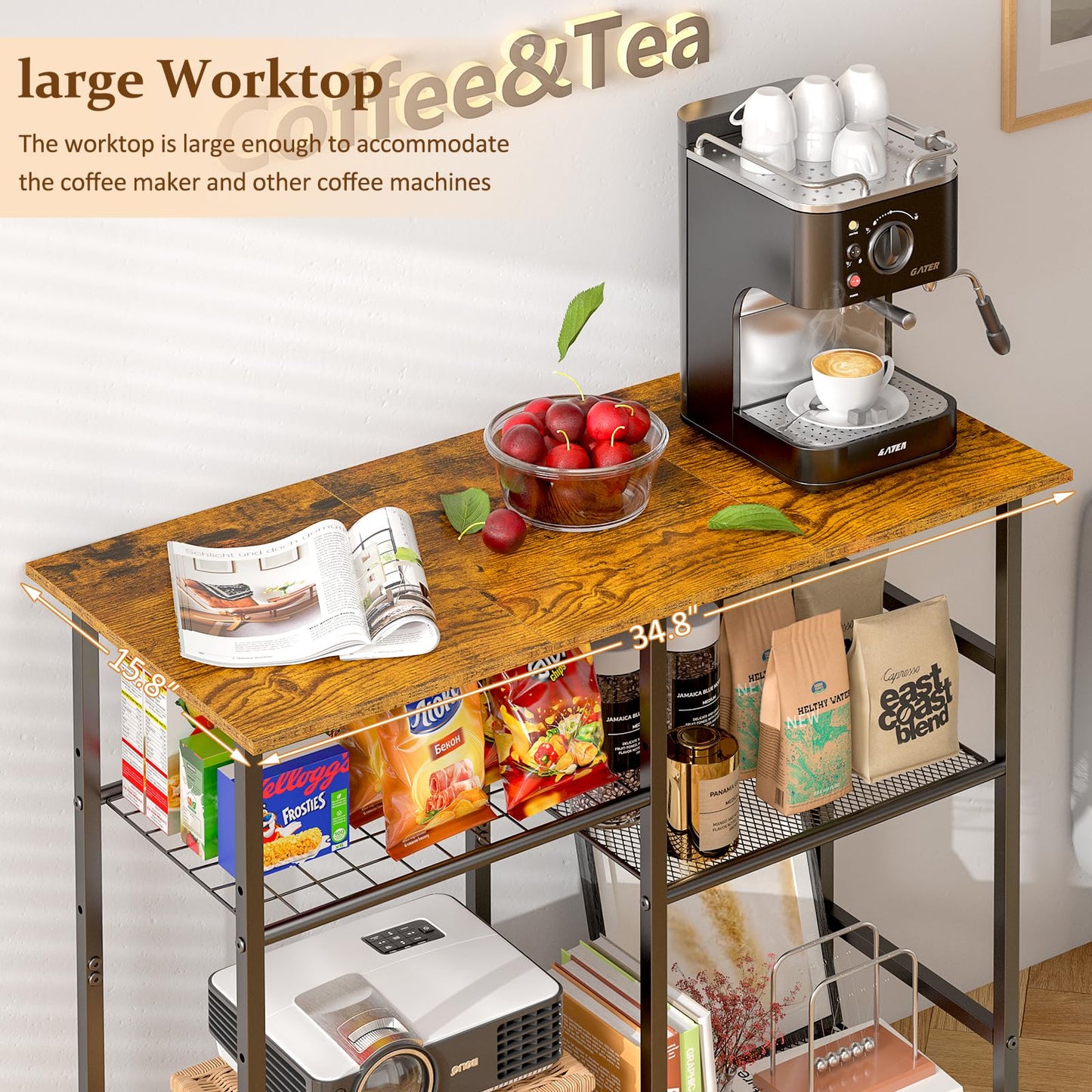 ThreeHio Kitchen Microwave Cart, Microwave Stand with Adjustable Shelf, Coffee Bar Stand Kitchen Baker's Rack with Wheels Rolling Storage Cart Organizer Shelf for Living Room, Office, Balcony
