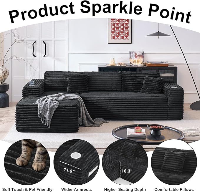 Cloud Sectional Couch with L-Shape Chaise, Modern Modular Sofa with Deep Seat, Built-in Cup Holder & Storage Pocket for Living Room Bedroom, No Assembly Required (Black Grey, Left Sitting Chaise)