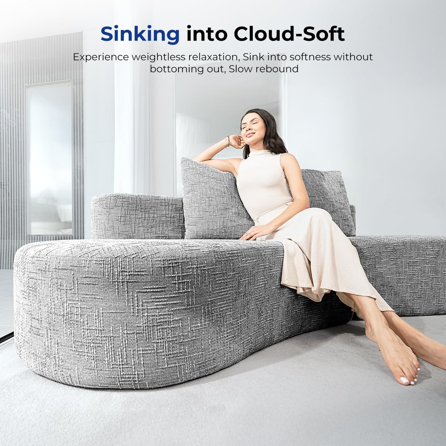 HOMRELEXA 98" Curved Sofa with Half Moon Design, Sofa Bed with 2 Throw Pillows & 4 Seaters for Living Room, Office & Apartment,No Assembly Needed(Light Grey)