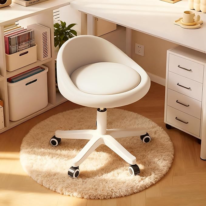 Walktory Round Rolling Stool with PU Leather Low Backrest, Hydraulic Height-Adjustable Swivel Chair for Spa, Salon, Tattoo, Massage, or Medical Office
