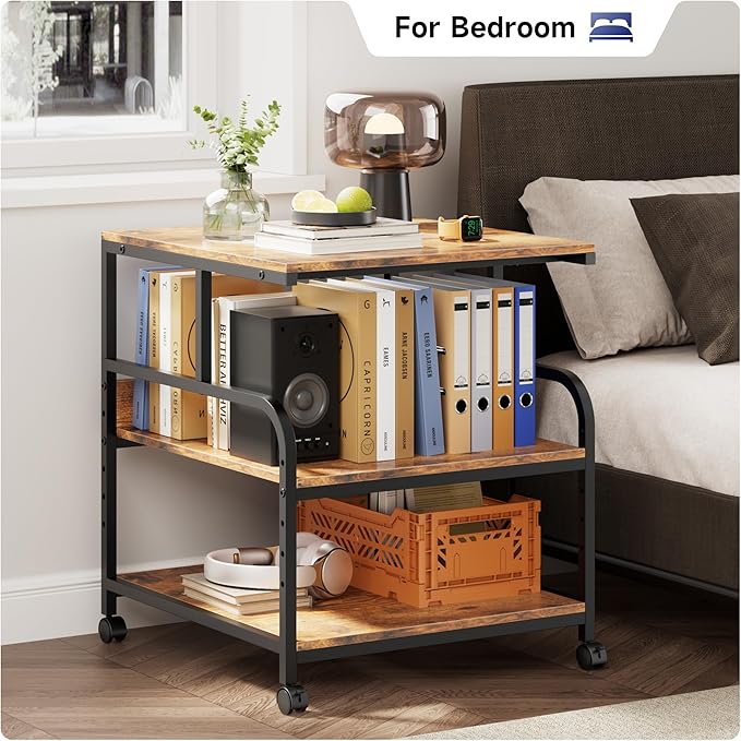 Warmiehomy 23.6x23.6 inches Printer Stand with Adjustable Storage Shelf - Large Printer Table with Wheels - 3 Tier Rolling Cart - Use for 3D Laser Printer Mini Fridge Home Office (Brown)