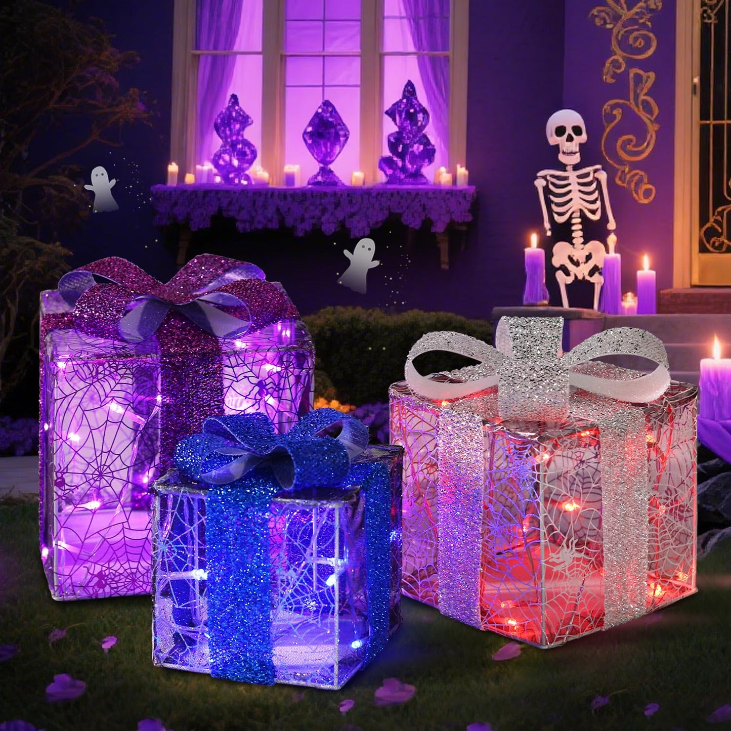 Set of 3 Halloween Lighted Gift Boxes Decorations - 60 LEDs Spider Web Halloween Present Boxes with Creepy Crawler, Warm White Light Home Party Favors for Haunted House
