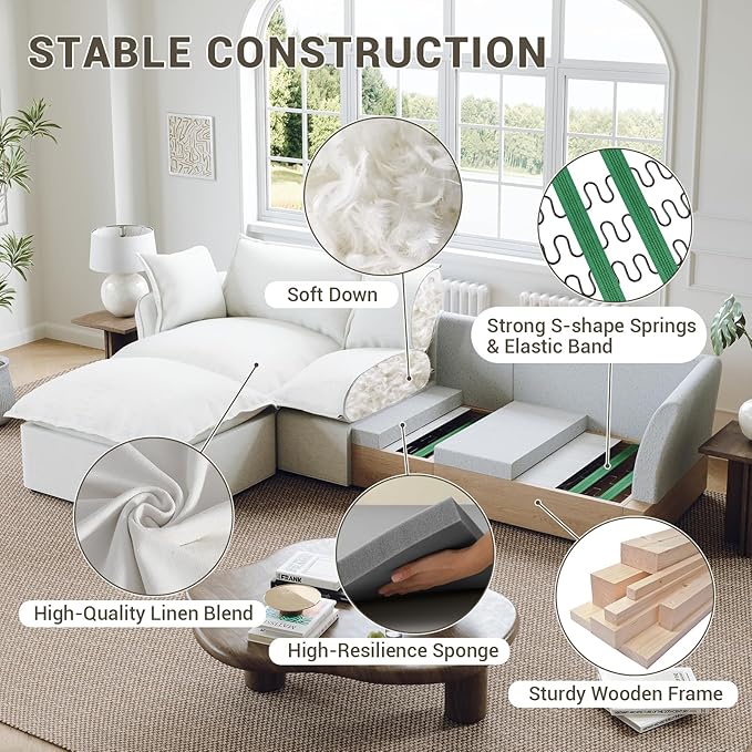 Lopzeho Oversized Cloud Modular Sectional Sofa, Comfy Down Filled Cloud Couch with Removable Cover, L Shaped 4 Seat Couch with Ottoman, Deep Seat Sectional Couches for Living Room, Cream White