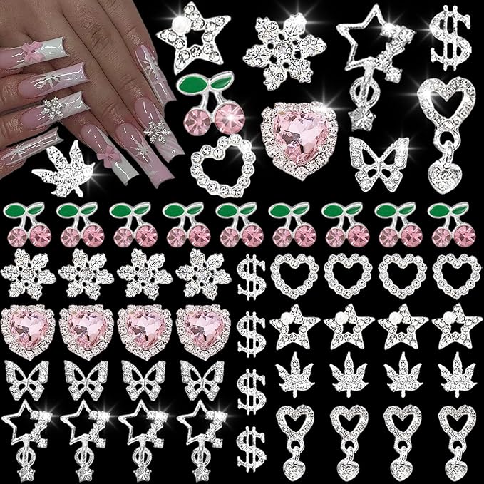 55 Pcs 3D Silver-Pink Nail Charms Y2K Set: Snowflakes, Stars, Dangle Stars, Hearts, Dangle Hearts,Cherries, Maple Leaves, Butterflies, Dollars Silver Nail Charms Y2K