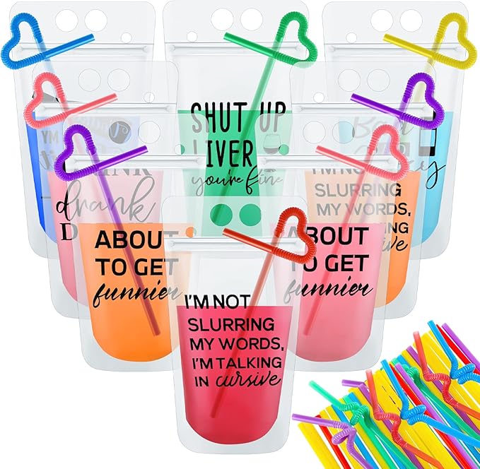 Patelai 24 Sets Drink Pouches with Straws Drink Pouches for Adults Alcohol Reusable Smoothie Juice Bags Reclosable Alcohol...