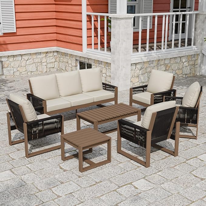 INTER HUT Rustic Hideaway Natural Cedar Wood Outdoor Furniture Set, Wicker Patio Conversation Set for Porch Garden Backyard, Couch, 4 Patio Chairs, Table and 2 Ottomans, 8 Piece, Brownish/Beige
