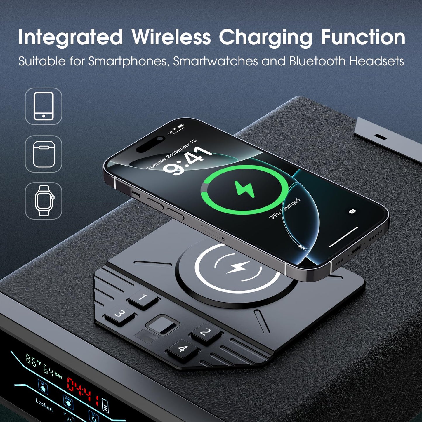 Gun Safe for Handgun Pistol Case - Biometric Quick Access Pistol Safe with Wireless Charging for Watch & Phone, 3-in-1 Fingerprint Keypad Key Lock Gun Box for Home Nightstand Bedside
