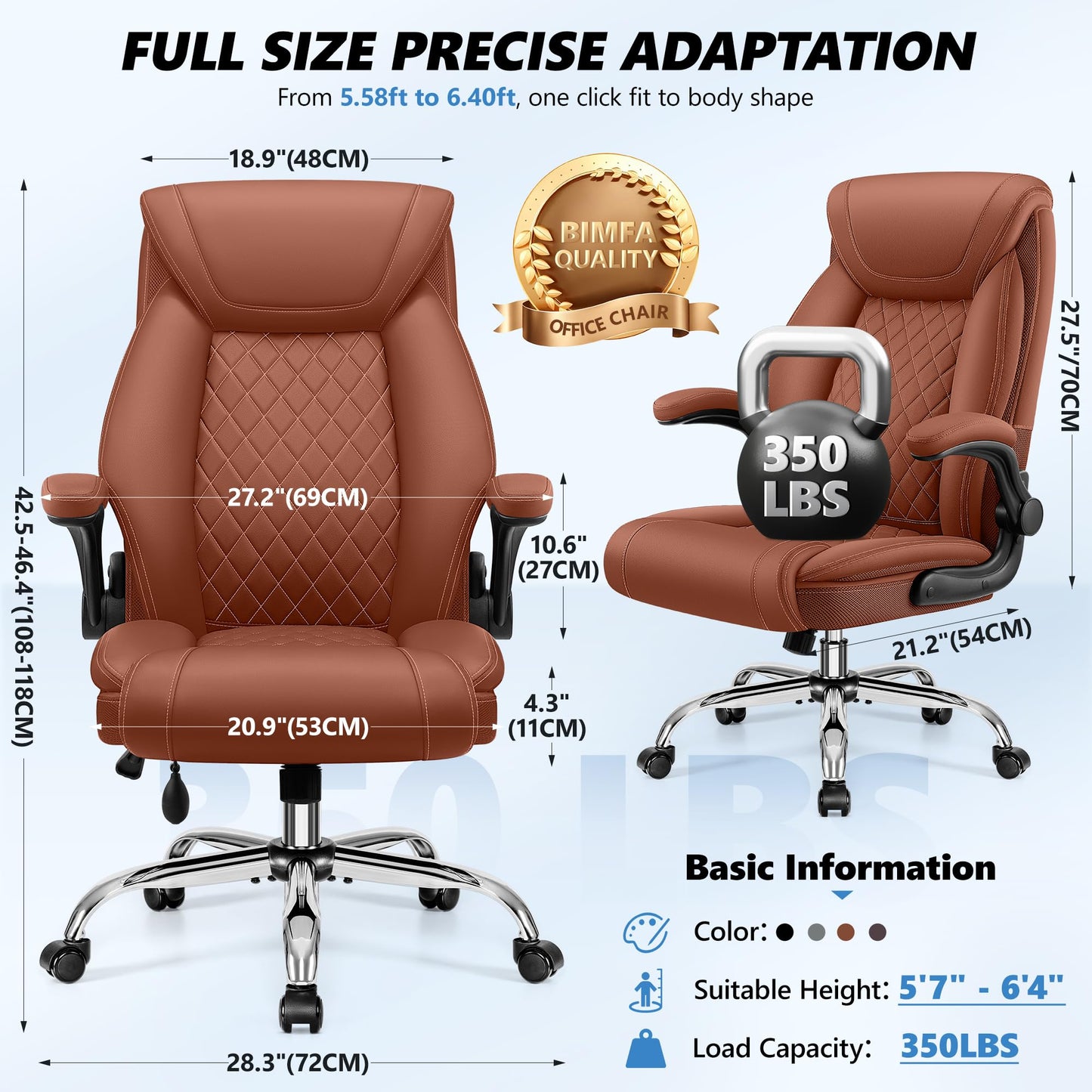Office Chair, Big and Tall Ergonomic Desk Chair, Executive Leather Computer Chair with Adjustable Lumbar Support, Comfy Gaming Chair with Flip Up Arms, Swivel PC Chair with Rocking Function, Brown