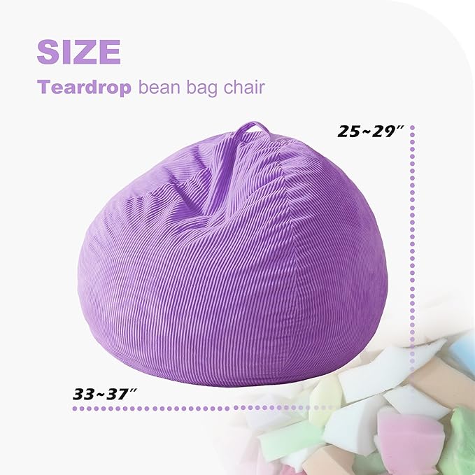 Homguava 3.5FT Bean Bag Chair: Teardrop Bean Bags with Memory Foam Filled, Compact Beanbag Chairs Soft Sofa with Corduroy Cover (Purple)