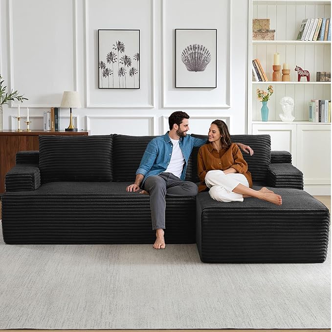 96" Cloud Sectional Couch with L-Shape Chaise, Modern Corduroy Boneless Couch for Living Room,Memory Foam Sofa with Deep Seat,No Assembly Required (Black,Right-Facing Chaise)