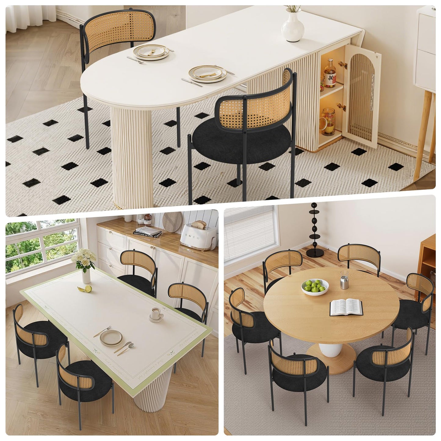 Osparple Mid Century Modern Dining Chairs Set of 4 with Rattan Backrest,Velvet Upholstered Accent Kitchen & Dining Room Chairs with Sturdy Metal Frame,Black