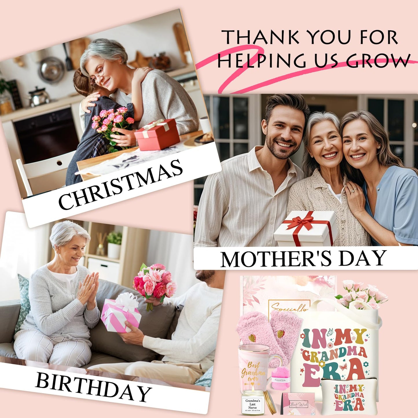 Grandma Birthday Gifts, Mothers Day Gifts for Grandma from Granddaughter Grandson, Uniuqe Christmas Easter Basket with Tote Bag Makeup Bag