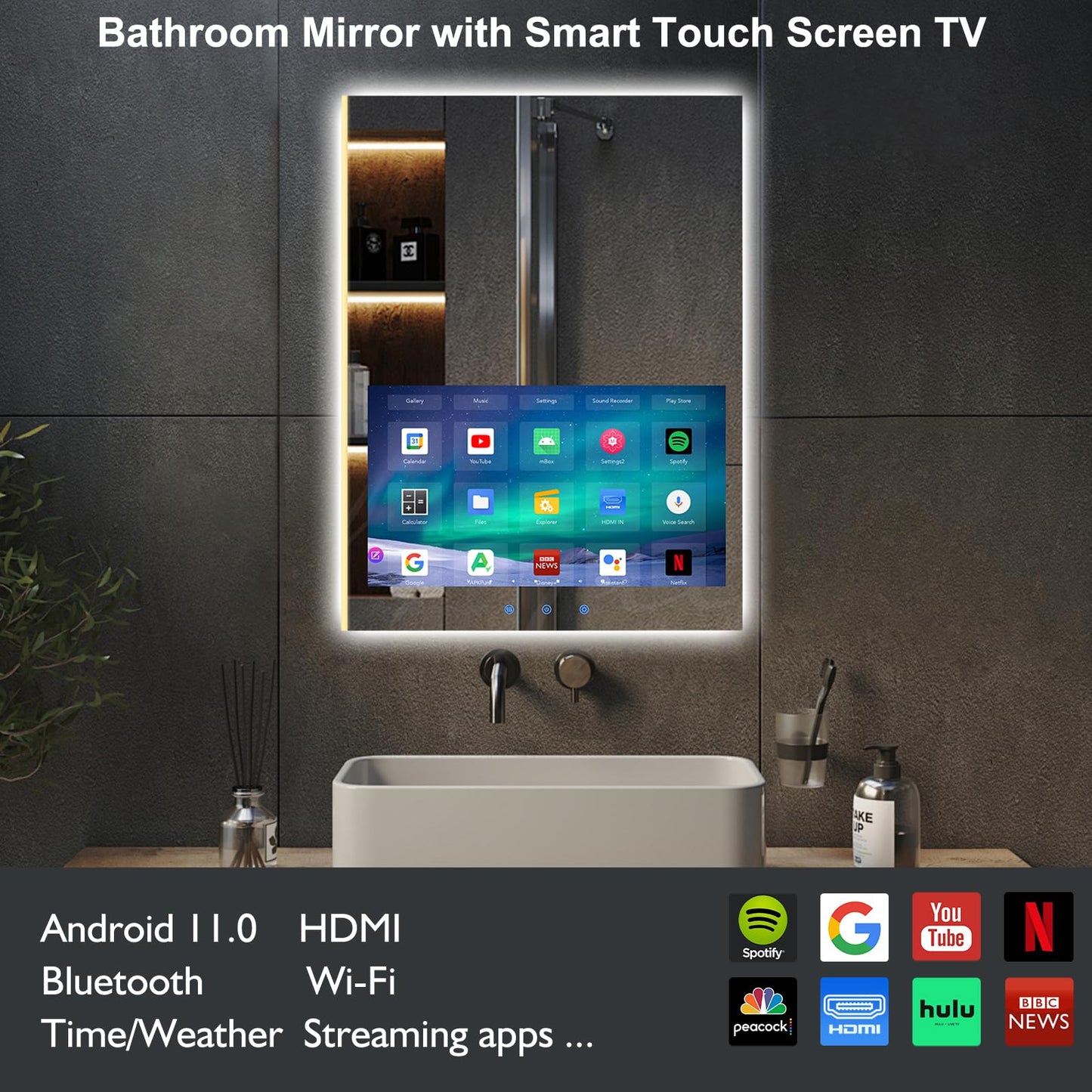 Haocrown 24x32 Inch Bathroom Vanity Mirror with 21.5" Touch Screen Smart System, Side-Lit LED Ambient Lighting, IP66 Waterproof & Anti-Fog, Streaming Apps, Wi-Fi Bluetooth HDMI, Wall Mounted (2026)