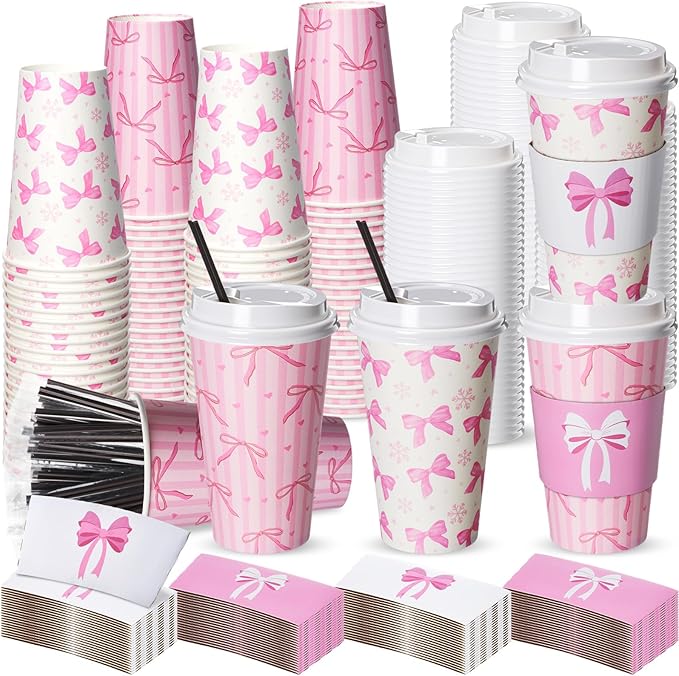 Jingmore 100 Set Pink Bow Coffee Cups with Lids, Straws and Sleeves Pink Bowknot Disposable Drinking Cup for Wedding Coque...
