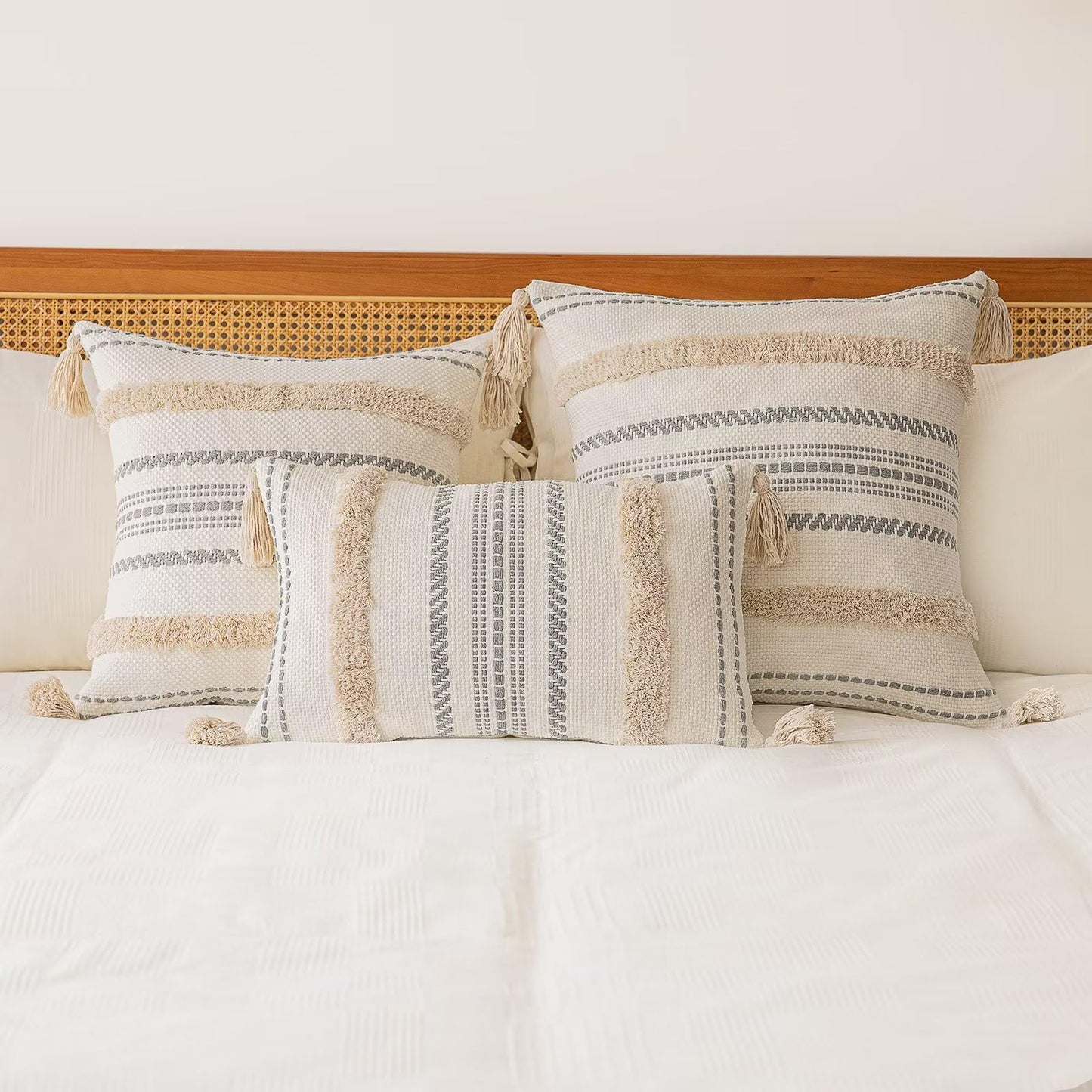 BUIOVBEY Boho Throw Pillow Covers 18x18 Set of 2 Woven Tufted Farmhouse Pillows Cover with Tassels Textured Striped Cushion Case Neutral Pillow Cases Decorative Pillowcase for Sofa, Couch, Bed, Khaki