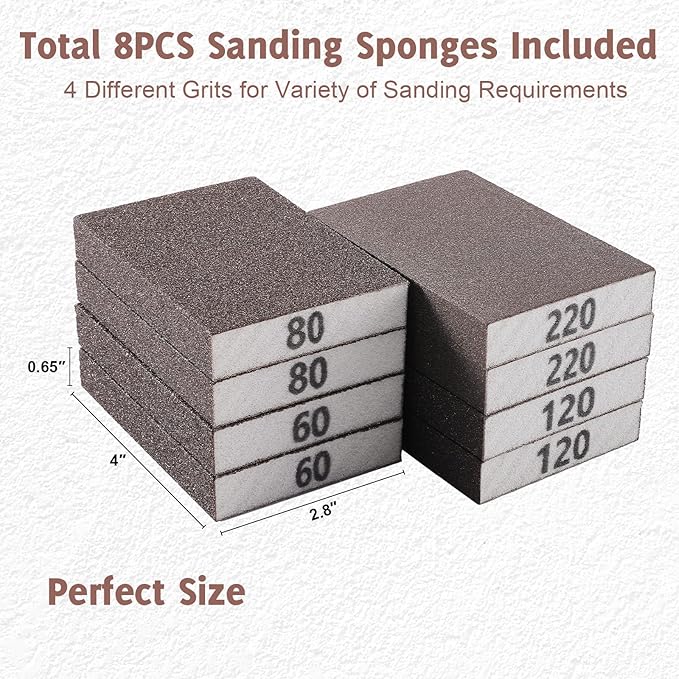 8PCS Sanding Sponge, Sanding Blocks of 60/80/120/220 Assorted Grits, Flexible & Reusable, Sandpaper Block for Wood Drywall Metal, Hand Sand Block for Wet or Dry Sanding, Flat or Curved Surfaces
