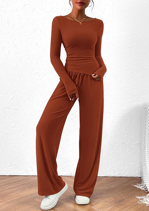 PRETTYGARDEN Women's 2 Piece Lounge Sets Asymmetrical Long Sleeve T Shirt Wide Leg Pants Casual Outfits Tracksuit
