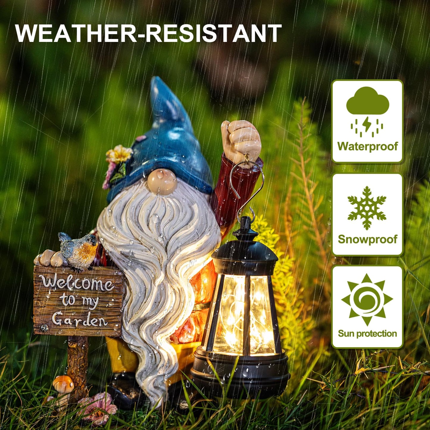 ZQQLITE Garden Gnome Statues Figurine Lights - Solar Powered Lighting Outdoor Decorations with Lantern & Welcome Sign, Yard Art Lawn Ornaments for Porch Patio Balcony - Gnome Gifts for Women Mom