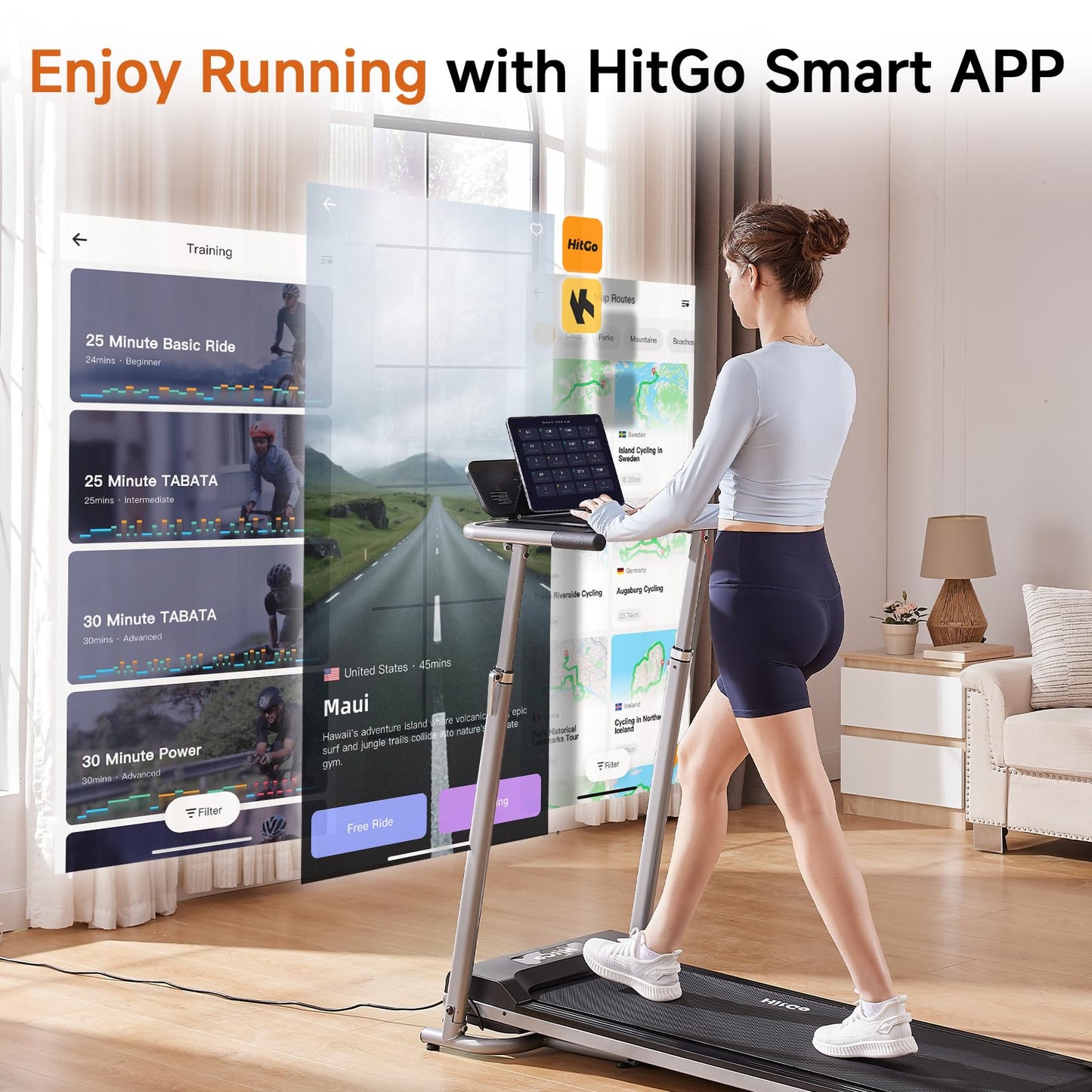 HitGo 2-in-1 Folding Treadmill with Height Adjustable Desk, 8.0 MPH Running Machine, Standalone Workstation Treadmill, Pneumatic Vertical Folding, FitShow/Kinomap, 265lbs Capacity,Black
