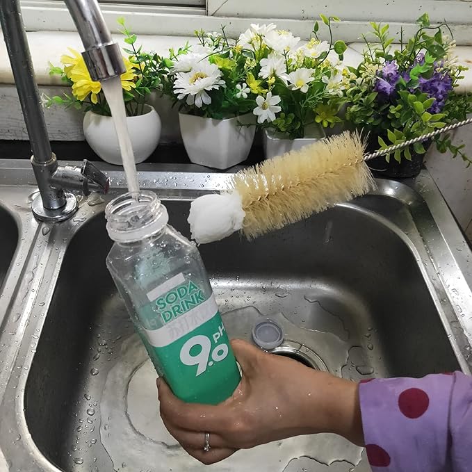 NewFerU Stainless Steel Soda Bottle Cleaning Brush Set in Natural Boar Bristle Wool Tip Long Handle, Flexible Bendable Thick Wire Cleaner for Narrow Neck Water Baby Bottles Straw Pipe Tube Flask (5)