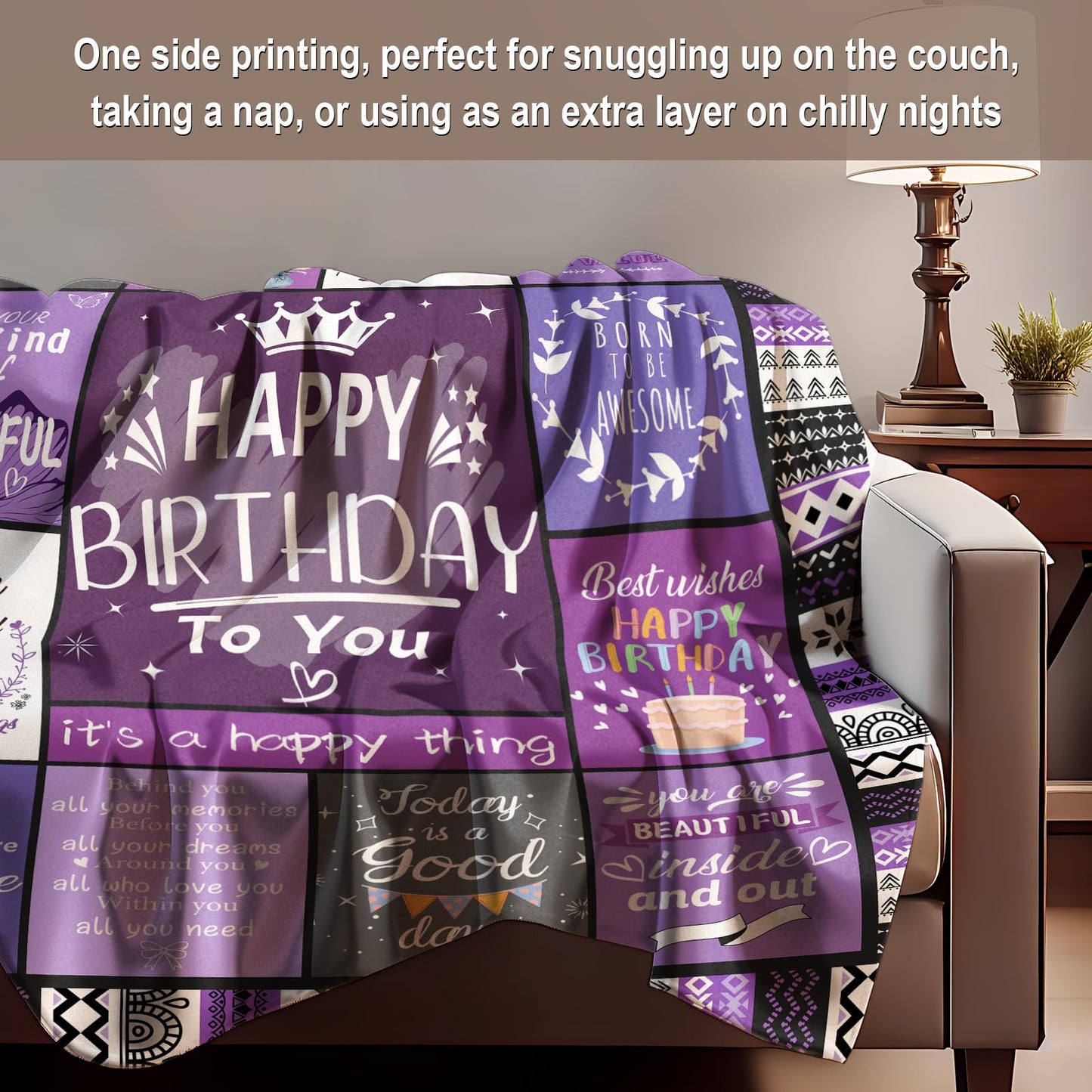 Ueedklaayy Happy Birthday Gifts for Women, Purple Gift for Women Birthday, Bday Gift for Woman Friendship, Bday Gift for Best Friend Sister Mom, Purple Flannel Blanket 60"X50"
