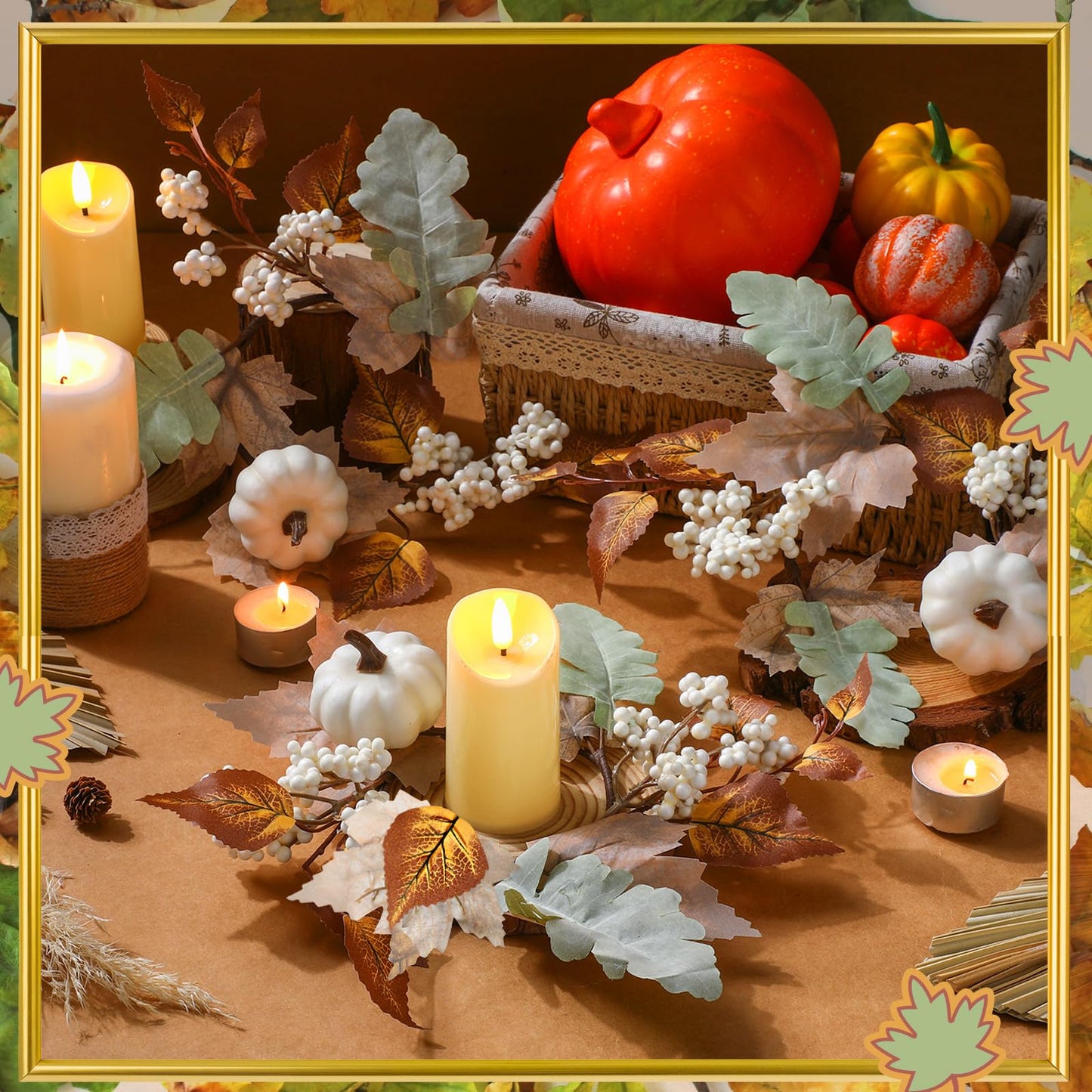 4 Pieces Fall Candle Rings Wreaths Neutral Fall Decor Artificial Pumpkin Maple Leaf Candle Garland Thanksgiving Berry Candle Rings for Autumn Farmhouse Harvest Wedding Parties Centerpieces for a Cozy