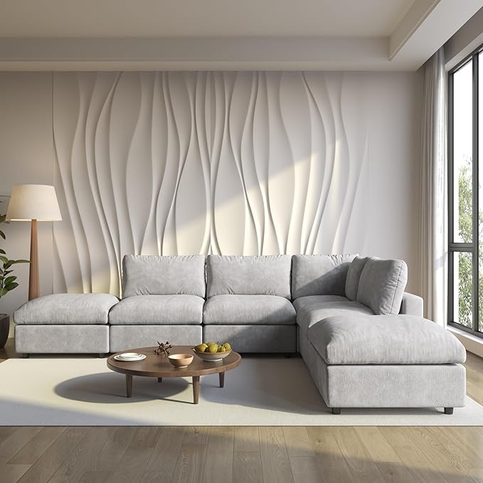Cloud Sectional Couches for Living Room,134" Convertible L Shaped Couch with Ottoman, 6 Seater Modular Sectional Sofa,Deep Seater Furniture Sets