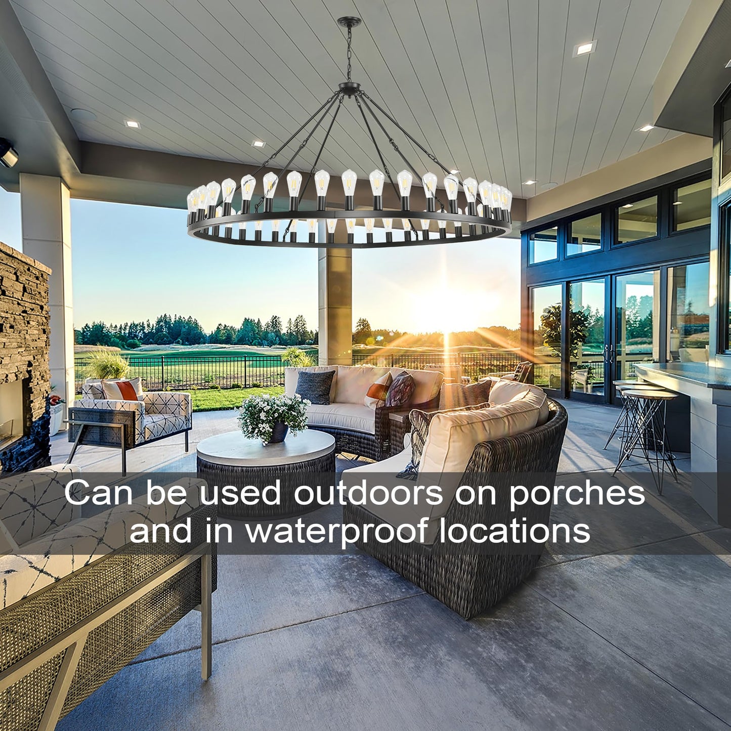 SARUDIIR Extra Large Wagon Wheel Chandelier Farmhouse 64" 42-Light Black Farmhouse Round Wheel Chandelier Light fixtures for Outdoor Porch high Ceilings Dining Room Living Room