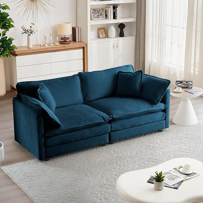 mikibama Luxury Loveseat Sofa Couch, 76" Modern Chenille Deep 2-Seater Cloud Couch with 2 Armrest Pillows and 2 Toss Pillows, Love Seat for Living Room Bedroom Office Apartment, Blue