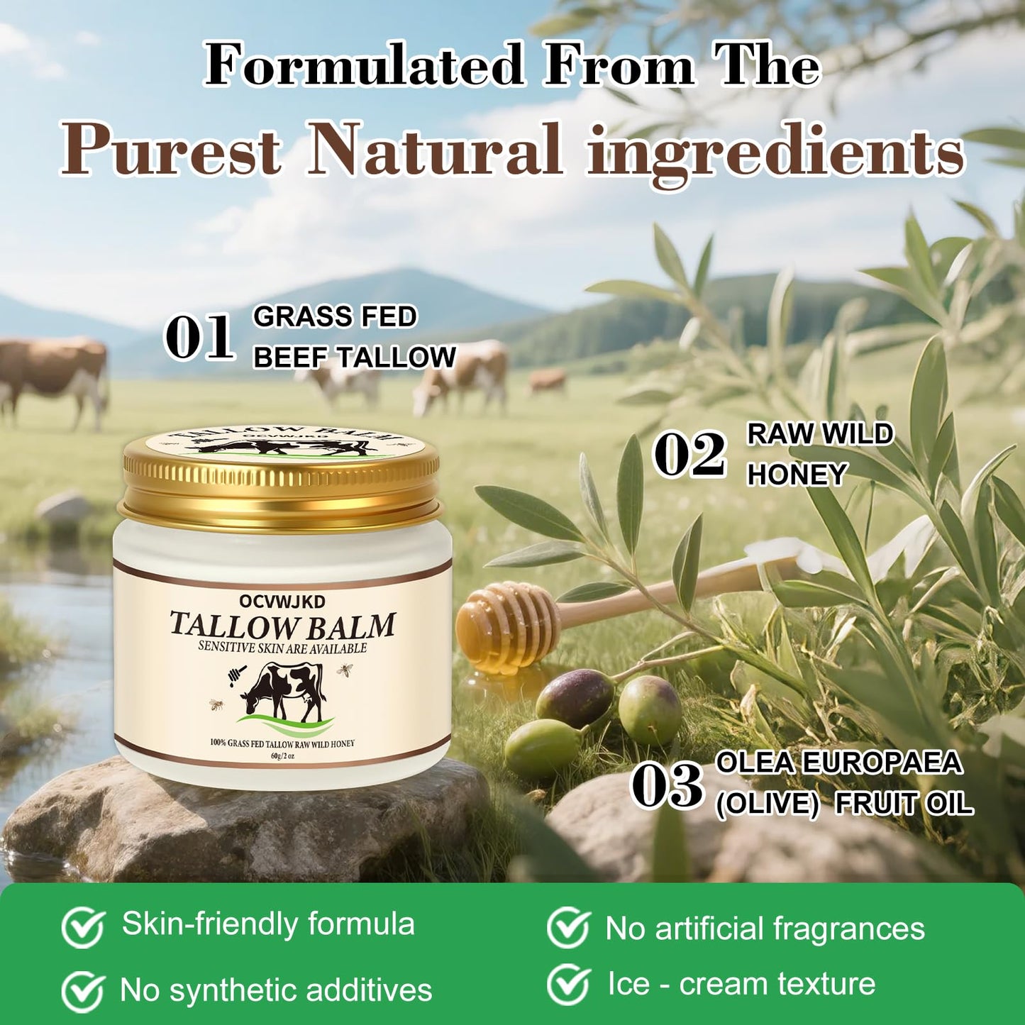 OCVWJKD Beef Tallow & Honey Balm, Beef Tallow for Skin, 3 Packs All-Natural Moisturizer Hydrates and Nourishes the Skin, Grass-F