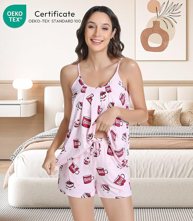 NACHILA Pajamas for Women-Viscose from Bamboo, Ribbed Racerback Tank Top Sexy Split Shorts Pajama Sets Cooling Sleep Cami Pjs