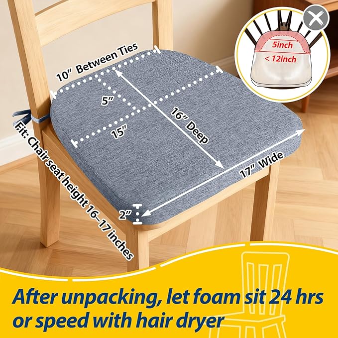 AAAAAcessories D-Shaped Chair Cushions, 2" Thick Dining Chair Pads with Ties and Removable, Machine-Washable Cover, 17" x 16", Set of 8, Light Blue
