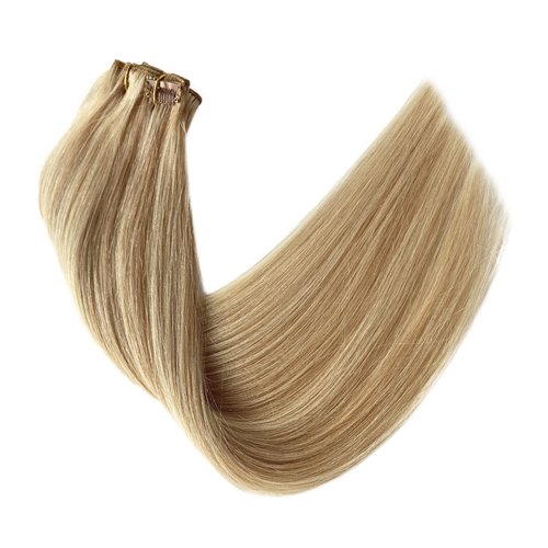 Clip in Hair Extensions Balayage Beige Blonde to Honey Blonde Brazilian Hair 70g 5pcs Per Set Real Human Hair Extensions Clip in Double Weft Silky Straight Clip on Extensions for Women 22 Inch