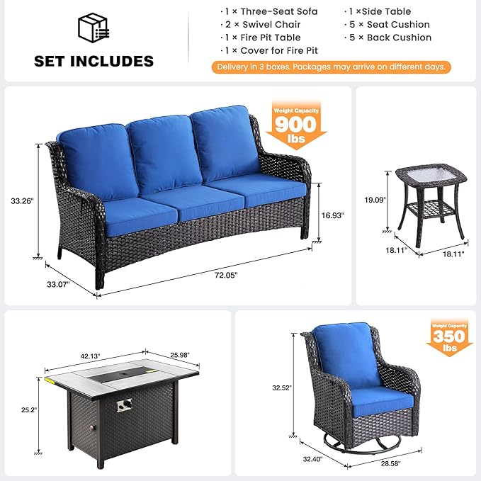 ovios 5 Pieces Patio Furniture Set, Outdoor Wicker Sofa Couch with Swivel Chairs 42" Fire Pit Table, High Back Modern All Weather Conversation Sets, Brown Rattan, Navy Blue