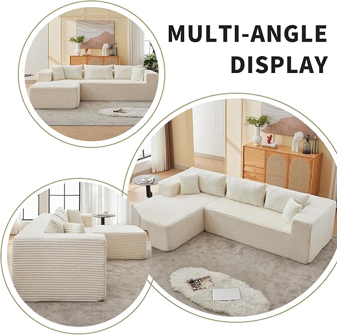 107" Modular Sectional Sofa, L-Shaped Cloud Couch with Deep Seat, Boneless Fluffy Corduroy Sofa for Living Room, No Assembly Required, (Left Facing Chaise,Beige)