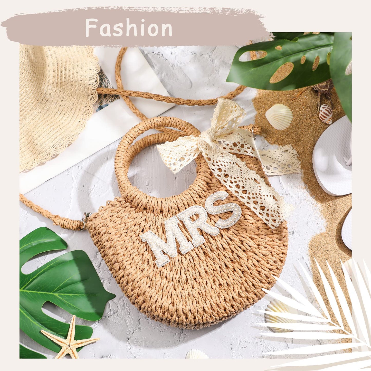 Pinkunn Bride Gift Bride Straw Purse Mrs Handwoven Bag Rhinestone Letter Bag Bachelorette Honeymoon Wedding Bridal Shower(MRS)