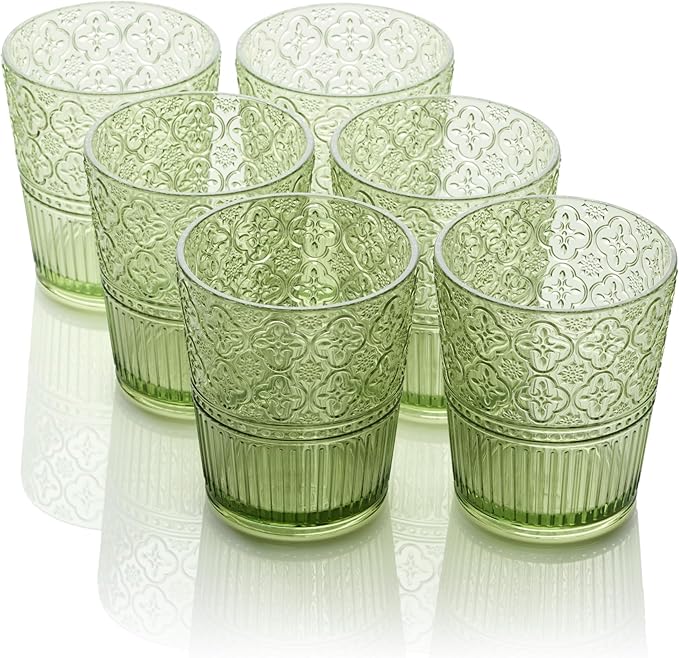 Certified International Victoria Green Set of 6 Premium Acrylic DOF Glass 16 oz – Unbreakable Drinkware with Elegant Embos...